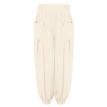 Imagem de Calça de moletom feminina com bolso de cor sólida com cintura elástica e pernas largas calças de ioga de veludo, Bege, 3G