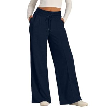 Imagem de Howstar Calça de moletom feminina de perna larga larga larga calça elástica casual longa com bolsos cargo yoga joggers moda jogger calças, A3 - Azul-marinho, XXG