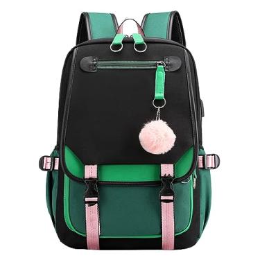 Imagem de Mochila para meninas adolescentes, mochila para estudantes do ensino médio, mochila para uso ao ar livre, com porta USB, capa de chuva, Verde, One Size, Mochilas