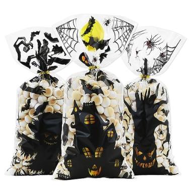 Imagem de Saco de presente de festa de Halloween com laços torcidos, 100 peças, sacos de guloseimas de celofane de Halloween, morcego, fantasma, doces malvados, sacos plásticos transparentes para lembrancinhas