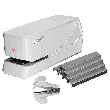 Imagem de Coruscant Grampeador elétrico, grampeador automático, grampeador elétrico resistente, capacidade de 25 folhas, pode armazenar 210 grampos, grampeador elétrico de mesa AC ou alimentado por bateria para uso doméstico/escritório (branco)