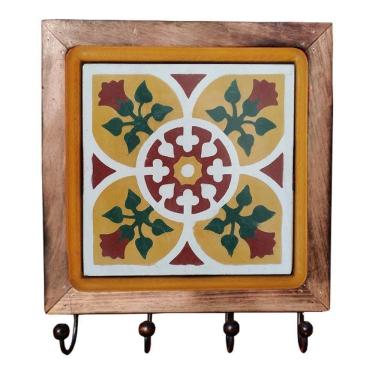 Imagem de Cabideiro Em Madeira Com Ladrilho Hidráulico Porta Chaves Roupas Bolsas Ladrilho B1