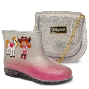 Imagem de Kit Bolsa E Galocha Bota Infantil Feminina Moda Boiadeira Cowgirl Impermeavel K16 (Glitter Prata, BR, Criança de 1 a 3 anos, Numérico, 22)