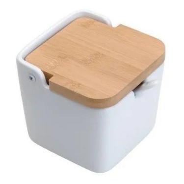 Imagem de Saleiro Porcelana Premium De Mesa Colher Tampa Bambu - LYOR