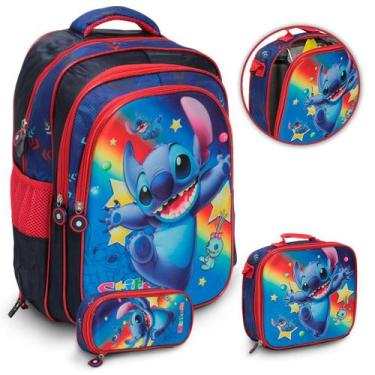 Imagem de Kit Mochila Infantil Costas Lancheira Estojo Stitch Tam G - Plike