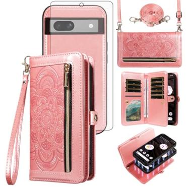 Imagem de Asuwish Capa de celular para Google Pixel 7A 5G 2023 com zíper carteira magnética destacável com protetor de tela de vidro temperado, alça transversal, porta-cartões de flor mandala, Pixel7A A7,