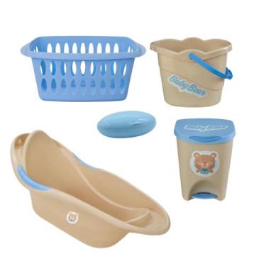 Imagem de Kit banheira infantil usual baby bear saboneteira cesto multiuso balde
