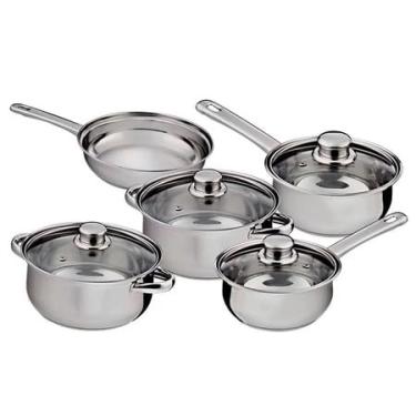 Imagem de Conjunto de Panelas em Aço Inox 5 Peças com Tampas de Vidro Temperado – Panelas, Caçarolas e Frigideira com Design Moderno, Resistente e Sofisticado, Ideal para uma Cozinha Prática e Elegante.