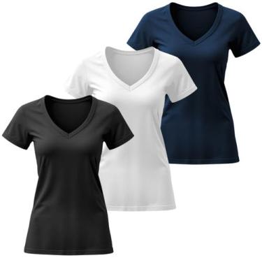 Imagem de Kit 3 Camiseta Feminina Blusas Elegantes Algodão Gola V Manga Curta - 
