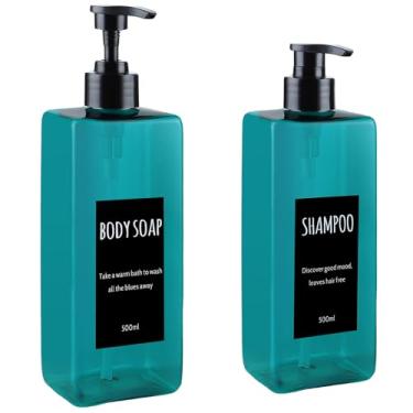 Imagem de DEROANBOTT Dispensador de xampu e condicionador (conjunto de 2 frascos de 500 ml) modernos recarregáveis para sabonete de banho - Conjunto de dispensador de sabonete líquido vazio para banheiro (azul)