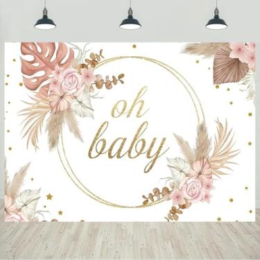 Imagem de Pano de fundo para chá de bebê de 1,8 x 1,2 m Boho boêmio floral Oh Baby Bolinhas douradas grama dos pampas fundo fotográfico meninas chá de bebê decorações de festa banner suprimentos de estúdio