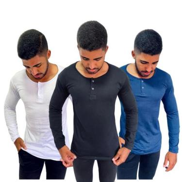 Imagem de Kit 3 Camisas Henley Masculina Slim Algodão Com Elastano Malha Premium