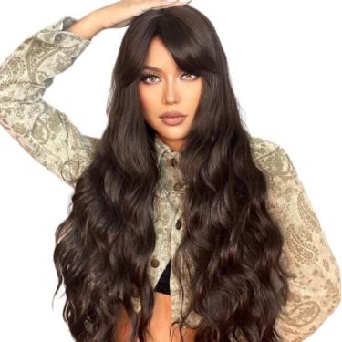Imagem de Peruca Ondulada Com franja orgânica 70cm Fibra futura Preta - GM HAIR