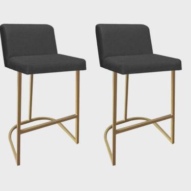 Imagem de Kit 02 Banquetas Com Encosto Noah Luxo Confort Bistrô Cozinha Ferro Dourado Linho Grafite - Ahazzo Móveis