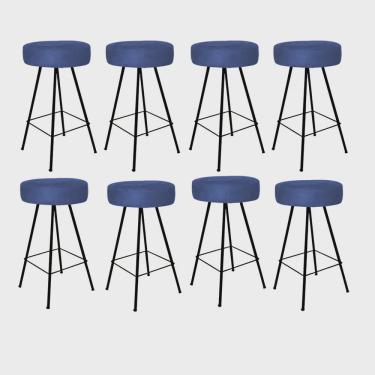 Imagem de Kit 08 Banqueta Alta Laisa Industrial Redonda Cozinha Bar Balcão Bistrô Ferro Preto Suede Azul Marinho - Ahz Móveis