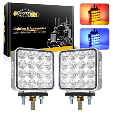 Imagem de Partsam 2 peças dupla revolução âmbar/vermelho/azul quadrado dupla face marcador de diodo 38 diodos/seta e luz de pedestal led auxiliar com caixa cromada selada substituição para