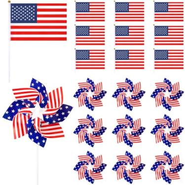 Imagem de NOVWANG Decorações de 4 de julho, 10 peças de bandeira americana e 10 peças de cata-ventos patrióticos vermelho, branco e azul decoração do dia da independência para desfile, jardim, gramado, festa