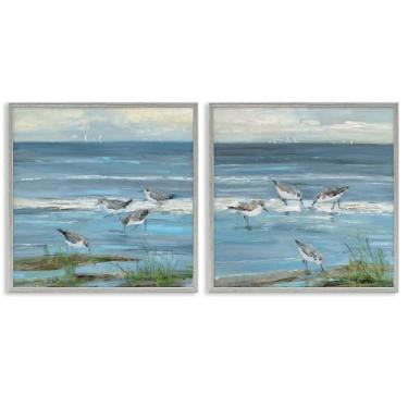 Imagem de Stupell Industries Beach Shore with Sandpipers & Grasses Design de 2 peças de arte giclée emoldurada cinza por Sally Swatland, 61 x 61