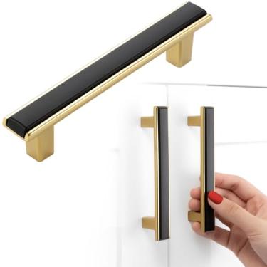 Imagem de BEROSSA Espaçamento de parafusos de 9,8 cm, puxadores de armário preto e dourado de 2 tons, puxadores de móveis de cozinha, pacote com 5 | Ferragens sólidas para porta de armário quarto cômoda gaveta banheiro vaidade 2281