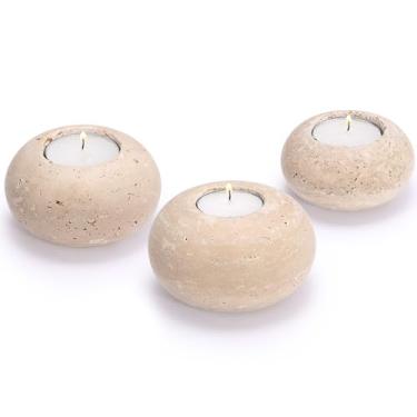 Imagem de OwnMy Conjunto de 3 castiçais de travertino tealight decorativos, suportes de vela votiva travertino elegante para mesa de jantar, decoração de cozinha, 7,4 cm + 8 cm + 10 cm de diâmetro