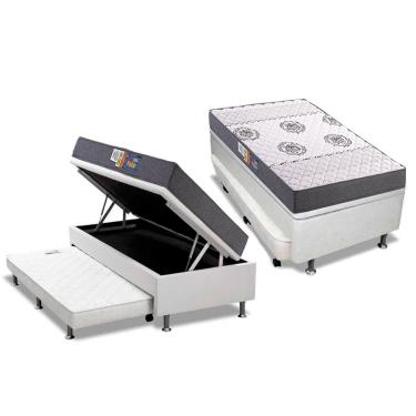 Imagem de Cama Box Baú c/ Auxiliar Solteiro: Colchão Espuma Polar D45 Pérola + Base CRC Courano White (88x188)
