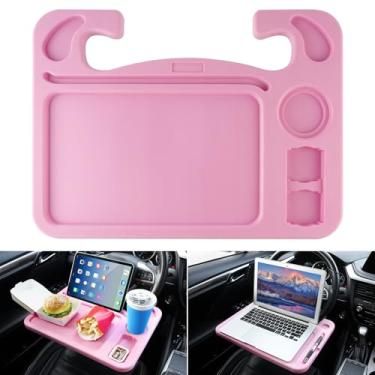 Imagem de JUSTTOP Mesa de volante de carro 4 em 1 para laptop, bandeja de assento de carro versátil atualizada, mesa de volante espaçosa com suporte para tablet e suportes duplos para molhos, volante sob o