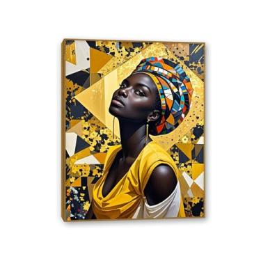 Imagem de Arte de parede afro-americana emoldurada pôsteres de mulher africana pintura em tela menina negra para decoração de sala de estar 90 x 70 cm (36 x 28 pol) moldura de teca