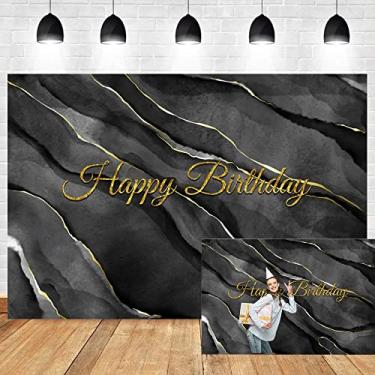 Imagem de DORCEV Pano de fundo de feliz aniversário de 4,6 x 3 m, moderno, textura de mármore preto, fonte dourada, fundo fotográfico de luxo para crianças, adultos, faixa de festa de aniversário, decoração de