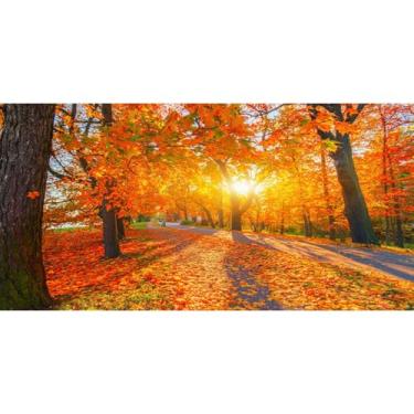 Imagem de Laeacco 6 x 3 m cenário de outono floresta outono paisagem natureza luz do sol árvores de bordo amarelo dourado caminho folhas caídas fundo fotografia chá de bebê decoração festa de aniversário