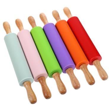 Imagem de Pacote com 6 rolos pequenos para crianças, rolo de silicone com cabo de madeira, mini rolos para massa, biscoitos, pastelaria, 30,5 cm (6 cores)