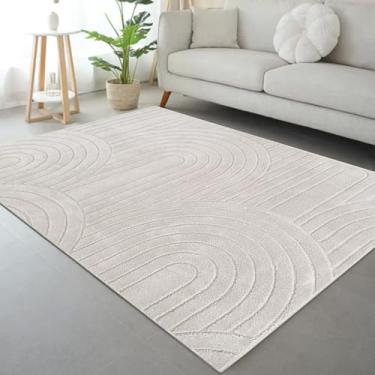 Imagem de Lacomfy Tapete geométrico curvo, moderno, abstrato, alto-baixo, para sala de estar, tapete minimalista fofo - antiderrapante, lavável, tapete macio para quarto (listras, creme, 10 x 13 cm)