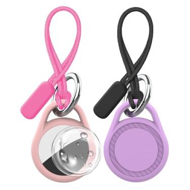 Imagem de Pacote com 2 porta-chaves à prova d'água compatível com AirTag, rastreador GPS antiarranhões para etiquetas de ar com pulseira, acessórios de silicone para chave de ar, bagagem (rosa roxo)