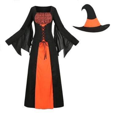 Imagem de AGCOAH Womens Witches Costume Wicked Witch of the West Dress Adult Evil Sorceress Outfits with Hats Halloween Dress Up Cosplay Black and Orange 2XL