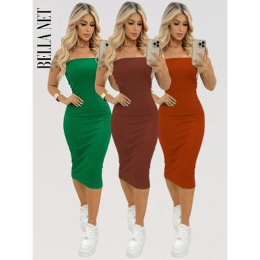 Imagem de KIT 3 Vestidos Midi Colado Tubinho sem alça Anarruga Sem Bojo Lindas C