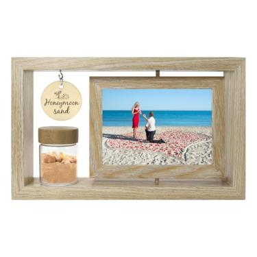 Imagem de Liannan Moldura personalizável para lua de mel e areia – comporta duas fotos de 10 x 15 cm com frasco de lembrança de vidro para areia de praia e conchas do mar – presente de casamento romântico