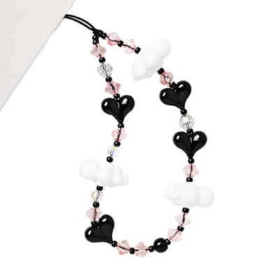 Imagem de WCCH Berloque de telefone com contas Y2K Kawaii feito à mão com cordão de telefone de acrílico para bolsa de câmera, AirPods, chaveiro, berloque, coração preto e nuvem branca