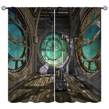 Imagem de Cortinas Steampunk rústicas, relógio 3D Steampunk retrô mecânico padrão blackout para janela, cortinas com isolamento térmico para varão, conjuntos de 2 painéis para quarto, sala de estar, 150 cm L x