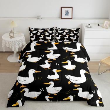Imagem de Homewish Jogo de cama solteiro de pato fofo, desenho animado de fazenda, gado, animal, para crianças, meninos, homens, conjunto de edredom acolchoado preto desenhado à mão com 1 fronha