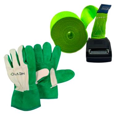 Imagem de Kit Fita Rack Para Amarração 3M 600kg Base Emborrachada Com Silicone + Luva de Raspa Vaqueta Cano Curto Multiuso NEVVO