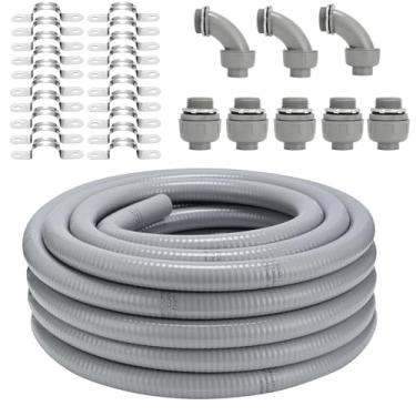 Imagem de Kit de conector de conduíte resistente a líquido, kit de conduíte elétrico flexível não metálico, tubo de conduíte elétrico externo à prova d'água, acessórios retos/angulares, grampos (2,5 cm x 30,5 m