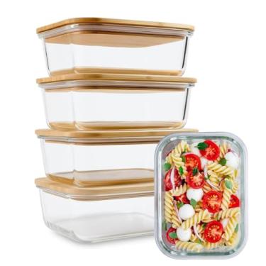 Imagem de Kit 4 Potes Marmita de Vidro Retangular com Tampa Hermética De Bambu 640ml
