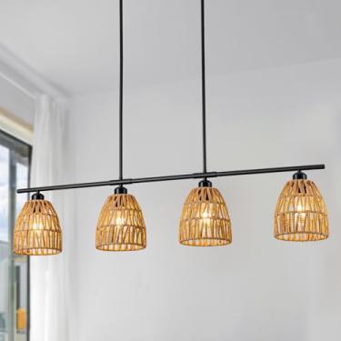 Imagem de SHIGUANG Lustre de vime Boho para luminária de sala de jantar, 4 luzes de 43 polegadas fazenda rústica cozinha ilha iluminação, luminária suspensa sobre mesa com abajur tecido à mão, altura ajustável
