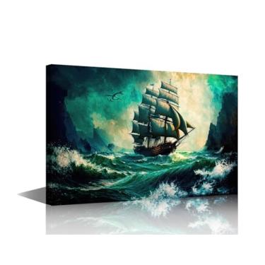 Imagem de TUMOVO Arte de parede de navio imagens de paisagem do mar impressão em tela navio pirata arte moderna arte de parede oceano para sala de estar escritório giclée galeria cartazes emoldurados prontos