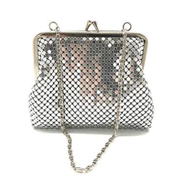 Imagem de Pequena bolsa de malha de metal clutch feminina alça de mão para coquetel, festa, formatura, casamento, banquete, Prata, Small
