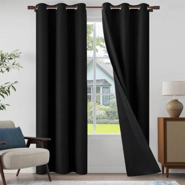 Imagem de Cortinas leves 100% blackout de linho texturizadas 246 cm de comprimento para sala de estar, quarto, cortinas blackout completas com ilhós, preto, 94 cm L x 243 cm C, 2 painéis