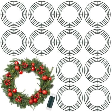 Imagem de Fovths Pacote com 12 anéis de guirlanda de arame de Natal, moldura de fio de metal de 40,6 cm, com fios florais, verde, faça você mesmo, artesanato floral para Natal, Halloween, Ano Novo, feriado e