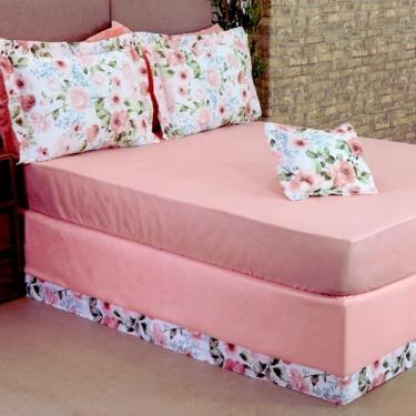Imagem de Jogo de Cama Casal Queen 5 Peças: Saia de Cama Box + Capa de Almofada + Lençol de Baixo + Porta Travesseiros Estampados Rosê Cama Posta Decor (Rosê)