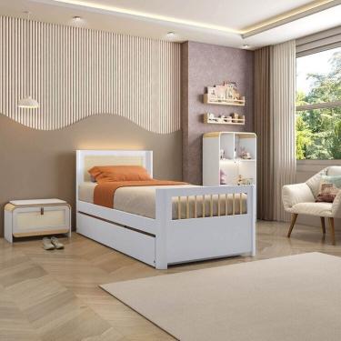 Imagem de Bicama Solteiro Juvenil Reversível em LED com Rattan, Peseira Palito Wave Casatema Branco