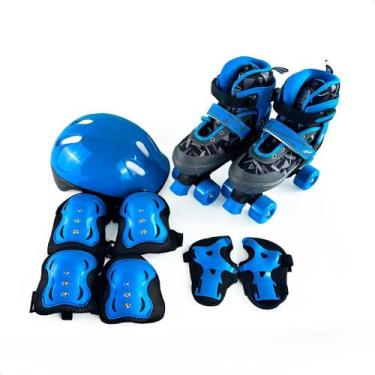 Imagem de Patins Infantil Roller Azul 4 Rodas Ajustável Kit Proteção M 34 A 37 5