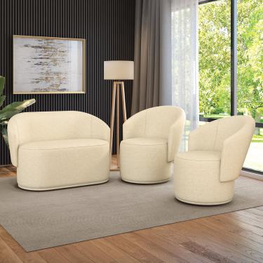 Imagem de Sofá Namoradeira e 2 Poltronas Orgânica para Sala Malu Linho Bege M11 - D'Rossi